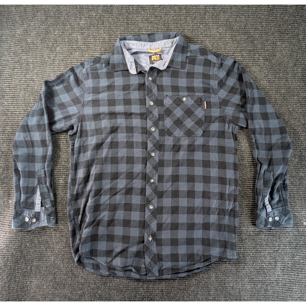 Timberland Pro Shirt Mens LT Black Blue Check Flannel Long Sleeve Button Up